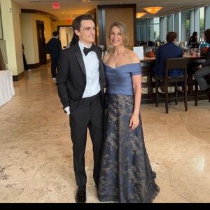 Rene Ruiz Off Shoulder Navy A-Line Evening Gown
